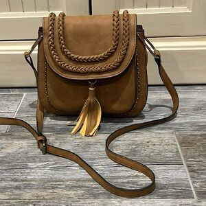 Cognac Brown Braided Detail Leather Crossbody Saddle Bag New